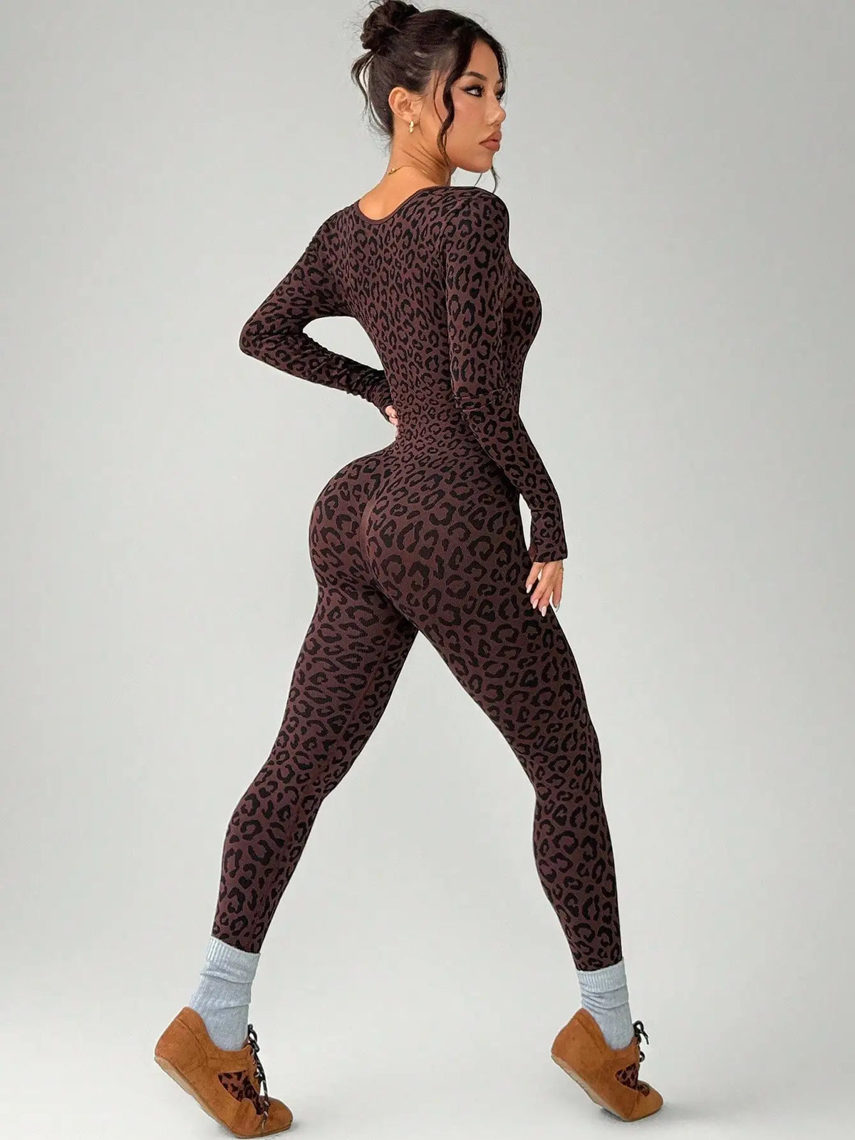 Women Leopard Print Tight Jumpsuit Slimming Hip Hugging Long Sleeve U Collar Stretchy