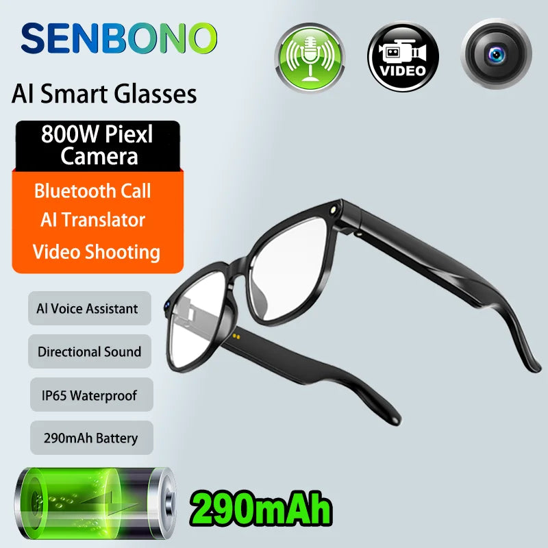 SENBONO NEW Smart Glasses with  800W Piexl Camera AI Translator Sunglasses Bluetooth Call Take Video Smart Glasses for Men Women