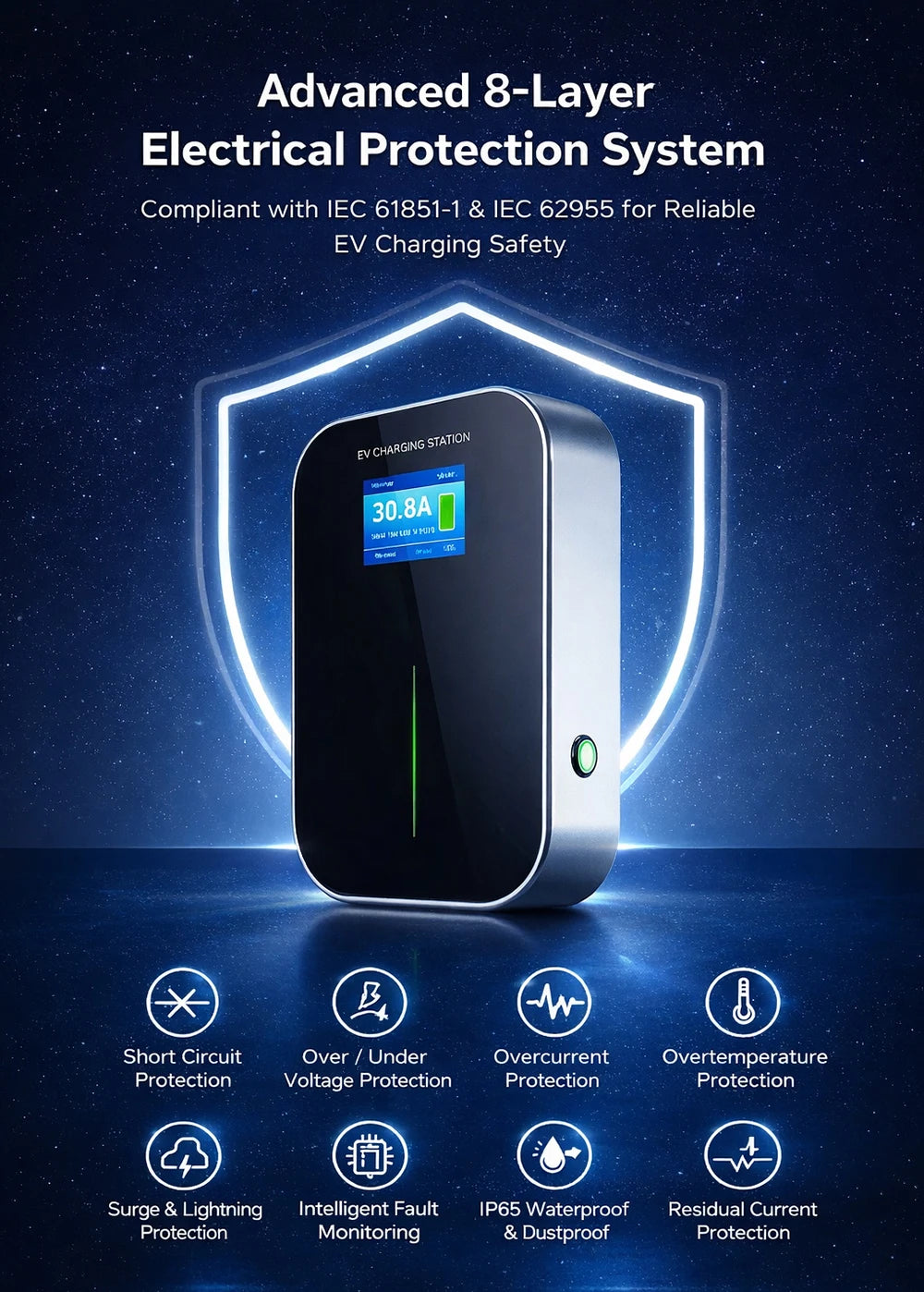 32A 3 Phase OCPP 1.6J Wallbox 22kW EV Wall Charger EV Charging Station with RFID Card