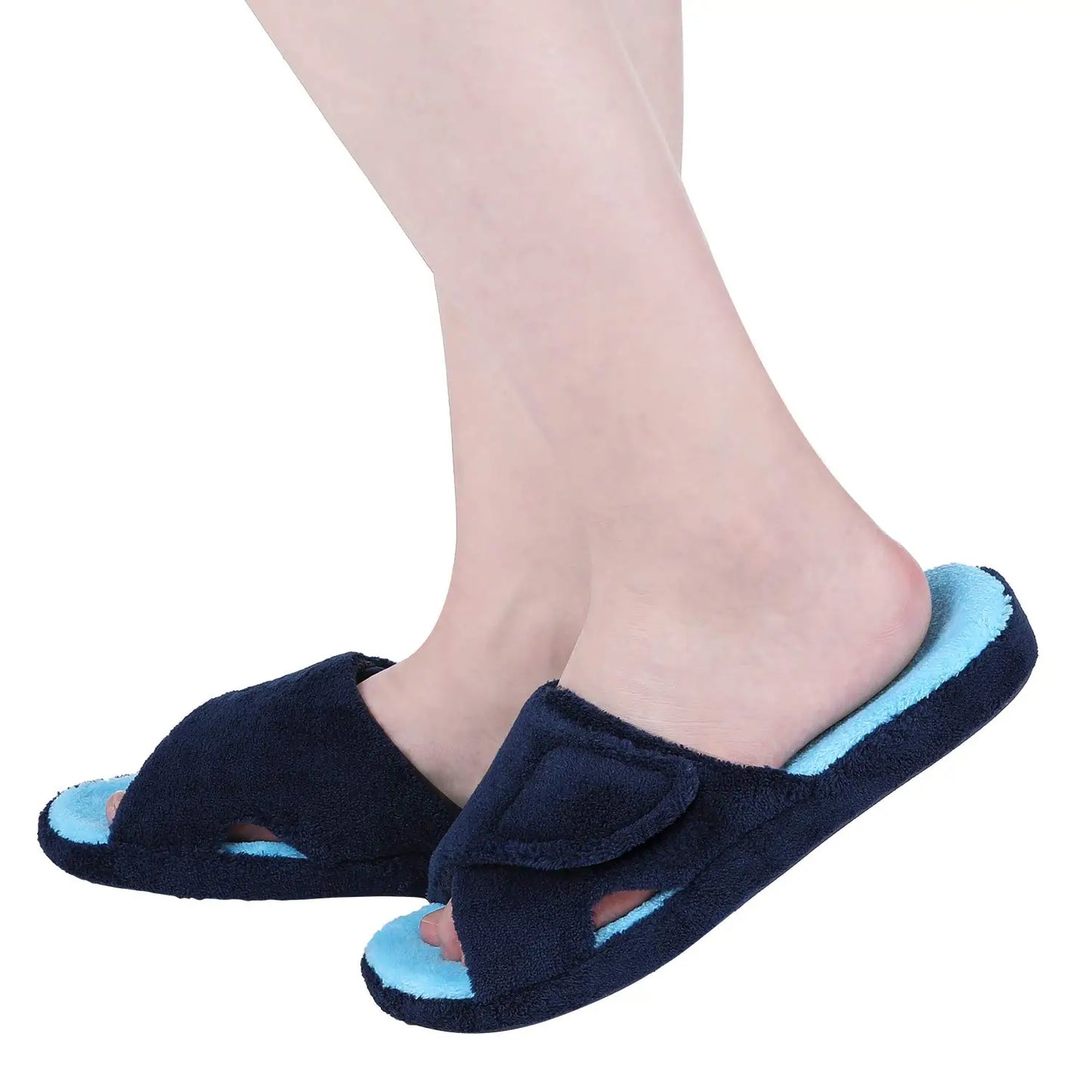 Smile Popcorn Women Adjustable Cross Strap Slippers Soft Fleece Two-tone Open Toe Non Slip Cozy Memory Foam Indoor House Slides