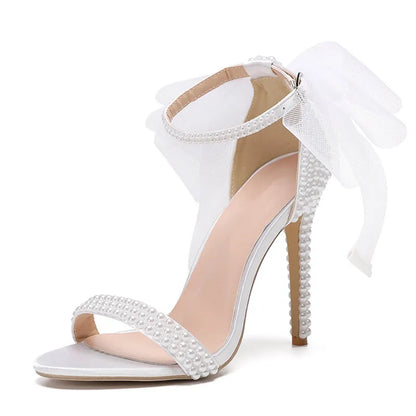 Summer New brand Fashion Bowknot Beading Women Gladiator Sandals Luxury Pearls White thin High heels Wedding Bridal Party Shoes