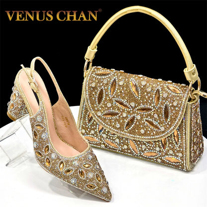 Elegant Women's Nigerian Fashion Pointed-Toe Party Shoe and Bag Set Rhinestone Luxurious Rhinestone Pumps for Special Occasions