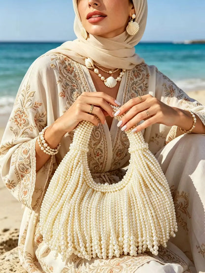 Luxury Handmade Faux Pearl Beaded Evening Clutch, Vintage Fringe Detail Shoulder Bag, Elegant Party Wedding Handbag for Women