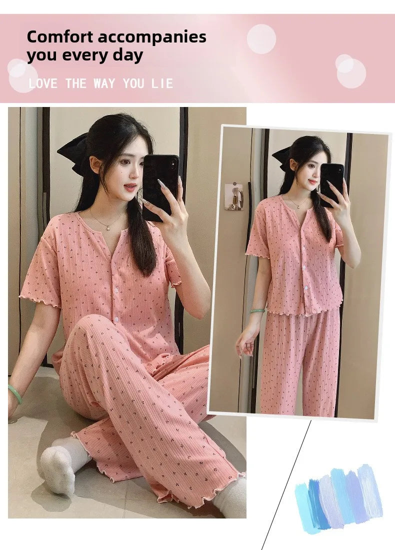 Cotton Fabric Floral Cardigan Printed Pajamas for Women Short-Sleeved Top and Long Pants Sleepwear Homewear Set Ladies Nightwear