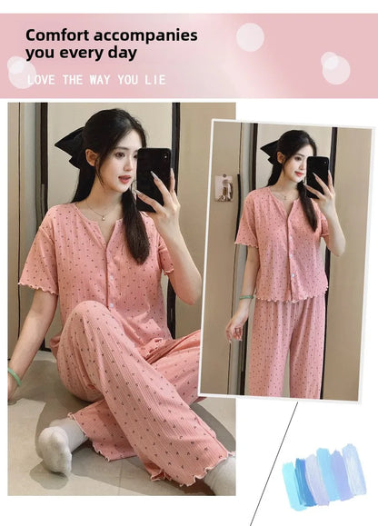 Cotton Fabric Floral Cardigan Printed Pajamas for Women Short-Sleeved Top and Long Pants Sleepwear Homewear Set Ladies Nightwear