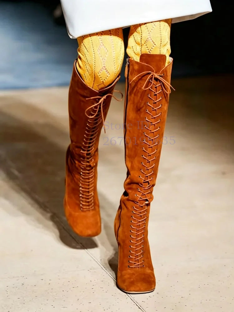 Emerald Green Patent Glitter Knee High Boots Retro Round Toe Lace Up Square Heel Modern Boots 2026 Runway Fashion Women Shoes