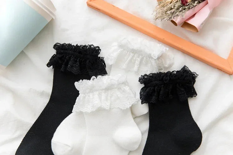 Women's Japanese Lolita JK Ankle Socks Kawaii Cotton with Lace Trim - Cute White/Black Crew Socks for Girls Cosplay Casual Wear