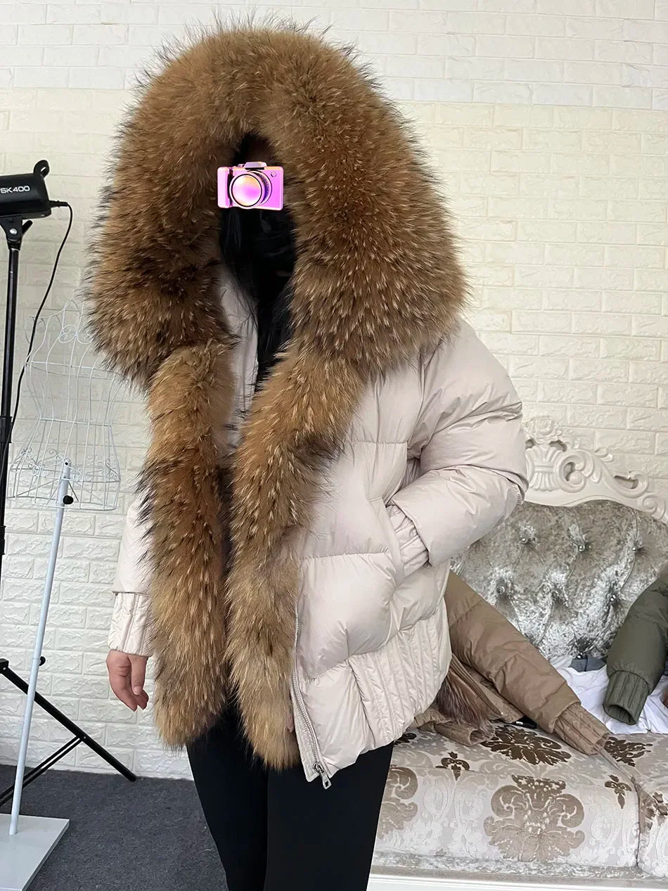 MMK 2023 Winter Women Warm White Duck Down Jacket Natural Real Fox Fur Collar Hood Puffer Coat Thick Luxury Outerwear