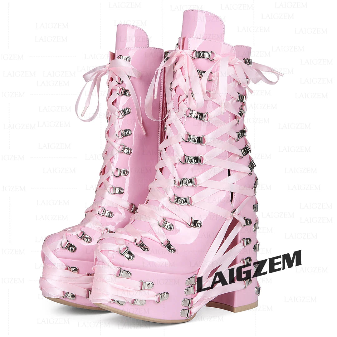 LAIGZEM Women Ankle Boots Side Zip Up Lace Up Thick High Heels Boots Cosplay Gothic Ladies Shoes Woman Large Size 38 41 43 47 52