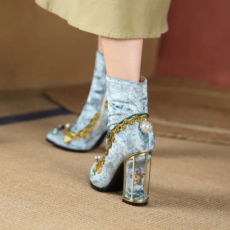 Royal Gemstone Jeweled Flower Velvet Ankle Boots Floral Crystal Cage Fretwork High Heels Blue Red Black Woman Bridal Booties