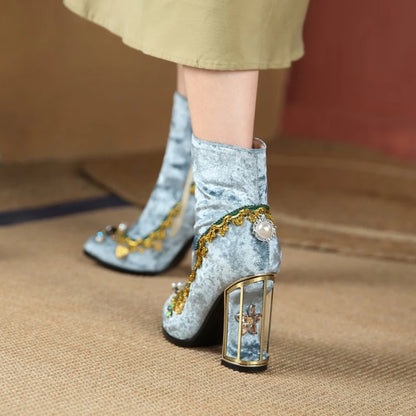 Royal Gemstone Jeweled Flower Velvet Ankle Boots Floral Crystal Cage Fretwork High Heels Blue Red Black Woman Bridal Booties
