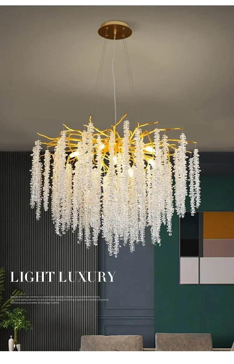 Modern Luxury Gold Branch Tassel Crystal LED Pendant Light Dining Room Living Room Indoor Home Decoration Atmosphere Fixtures
