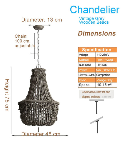 Black French Country Chandelier Large Hanging Lights Dia60 H65cm Living Room Boho Wood Bead Chandelier For Bedroom Dining Room