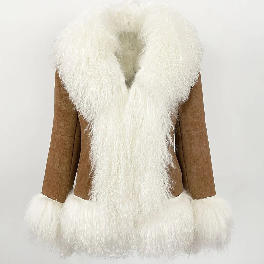 OFTBUY New Winter Warm Curly Mongolia Sheep Fur Jacket Women Vintage Shearling Coat Slim Faux Suede Real Rabbit Fur Clothing