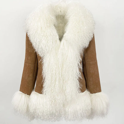 OFTBUY New Winter Warm Curly Mongolia Sheep Fur Jacket Women Vintage Shearling Coat Slim Faux Suede Real Rabbit Fur Clothing