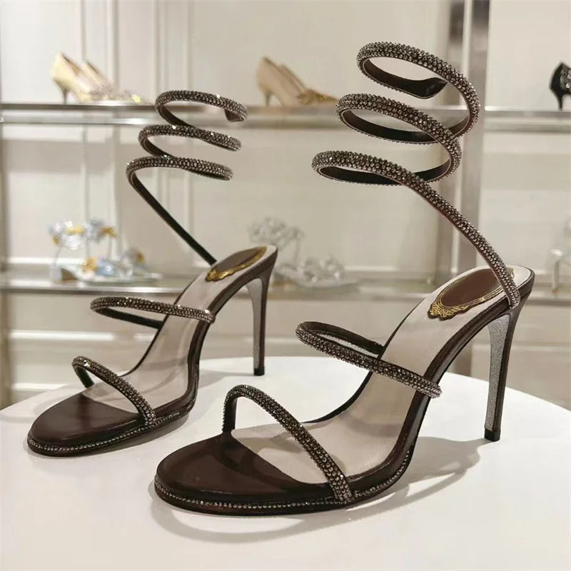 Summer Crystal Gladiator Sandals Women Rhinestone Twine Around Ankle Snake Wedding Shoes High Heels Sandals Woman