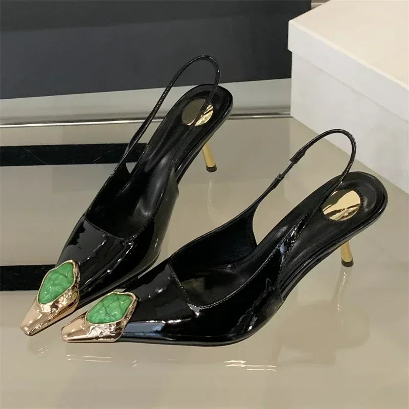 Aneikeh Street Style Design Metal Square Head Diamonds Woman Pumps Sandals Elegant Sexy Low-heel Banquet Prom Slingbacks Shoes