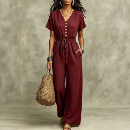 Elegant Women V-neck Buttons Jumpsuits summer solid short sleeve Drawstring wide leg Jumpsuit casual commuting Slim Rompers