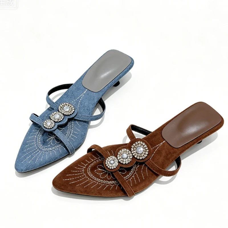 Women Crystal Clip Toe Slippers Pointed Toe Luxury Heels Shoes Dress Woman Sandals Party Trend Flip Flops New Cozy Female Slides