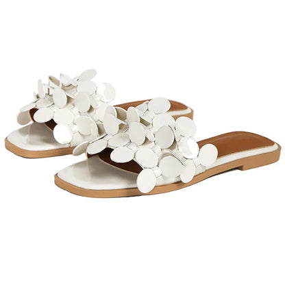 Luxury Floral Petal Flat Sandals Women 2025 Casual Slides Open Toe Sandalias Mujer Flipflops Home Slippers Femme Pantuflas Shoes