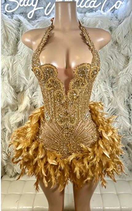 Glitter Pink Crystal Short Prom Dress For Black Girl Homecoming Senior Cocktail Dress Birthday Party Gown Feathers Customized