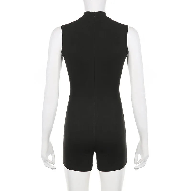 Turtleneck Bodycon Playsuit One-Pieces Shorts Sexy Rompers Womens Jumpsuit Black Combinaison Femme Zipper Ropa Mujer Sleeveless