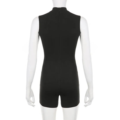 Turtleneck Bodycon Playsuit One-Pieces Shorts Sexy Rompers Womens Jumpsuit Black Combinaison Femme Zipper Ropa Mujer Sleeveless