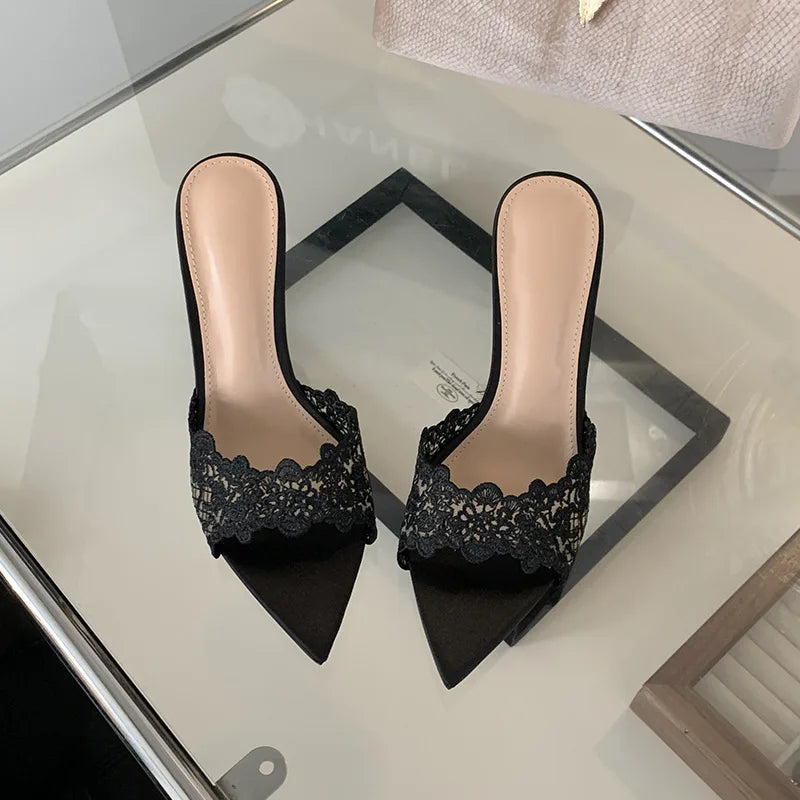 Luxury Lace Crochet Mule Slipper Woman Brand Design Point Toe High Heel Slide Sandal Ladies Elegant Evening Party Stiletto Shoes