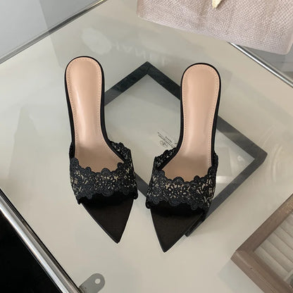 Luxury Lace Crochet Mule Slipper Woman Brand Design Point Toe High Heel Slide Sandal Ladies Elegant Evening Party Stiletto Shoes