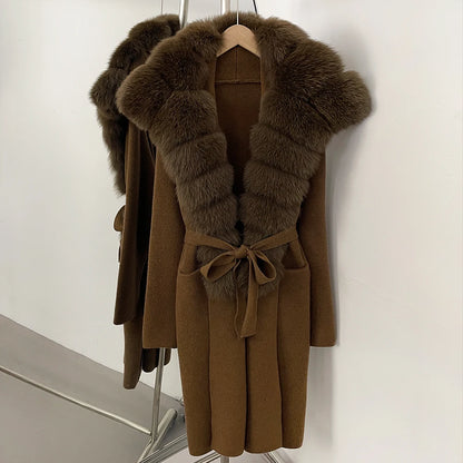 OFTBUY Fashion Warm Belt Real Fox Fur Cardigan New Natural Fur Collar Long Knit Jacket Women Atrumn Winter Top Clothing Female