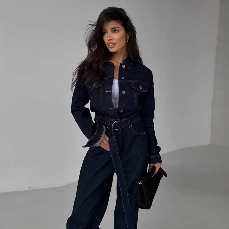 Chic Denim Women's Jumpsuit Turn-Down Collar Lace Up Full Sleeve Lady Long Jumpsuits 2026 Spring Casual Female Streetwear