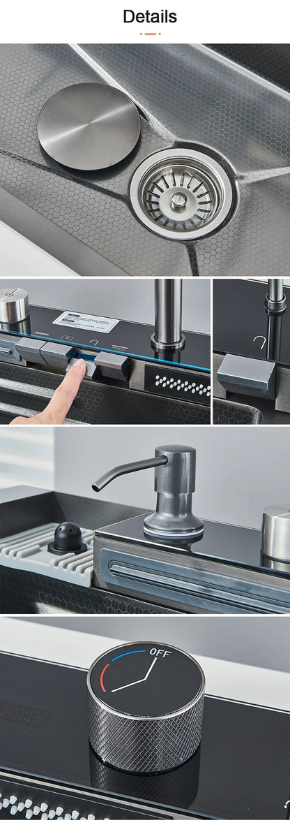 Stainless Steel Kitchen Sink with Faucet Digital Display Large Single Bowl Waterfall Rain 5 Functions System Dish Basin Sink