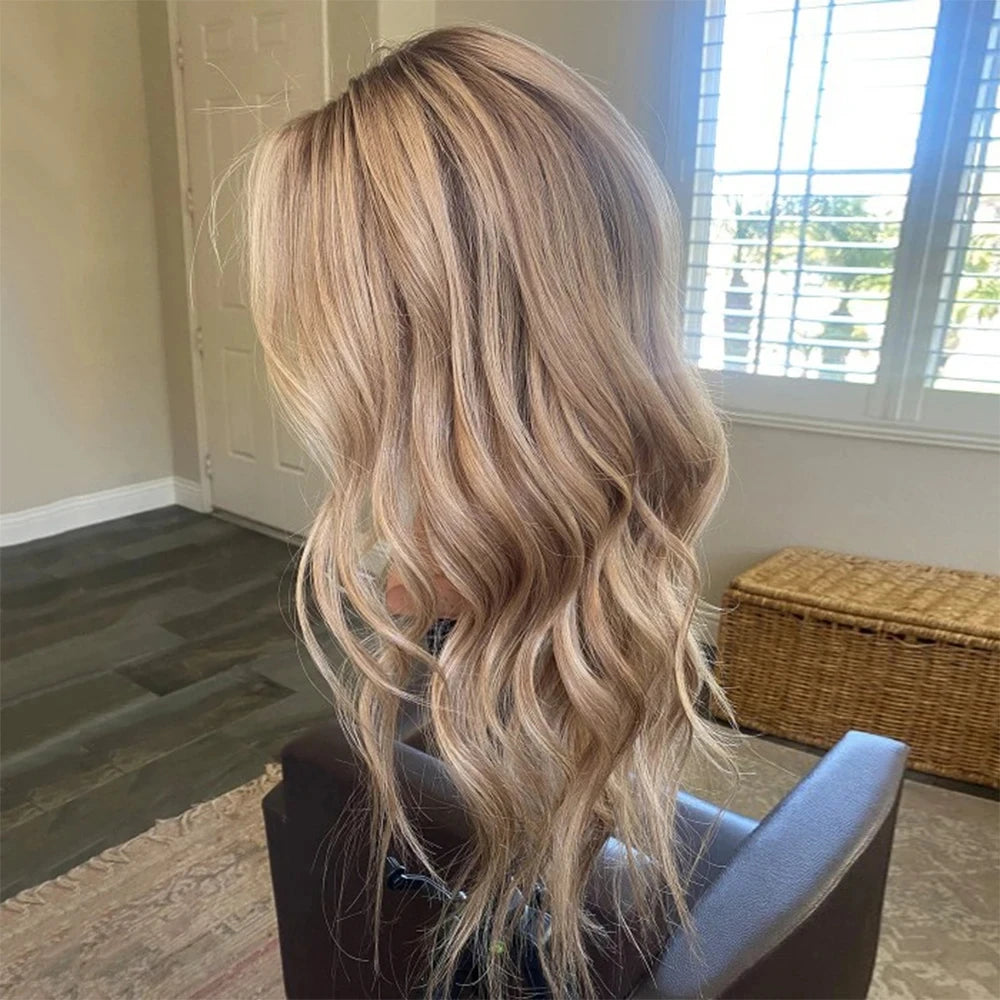 Highlight Wig Human Hair Ash Blonde Highlights Brown 13x4 Lace Front Wig Water Wave Human Hair Women's Wigs Soft Preplucked Wig
