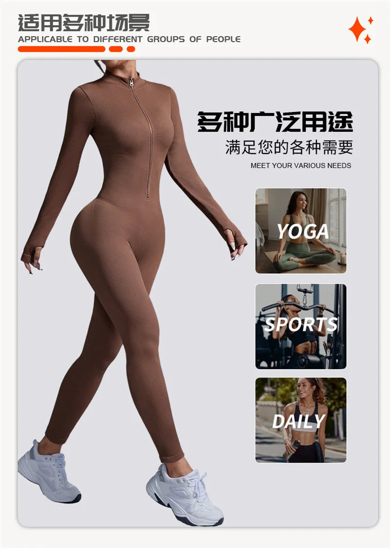 Screw Zipper Long Sleeve Jumpsuit Woman Slim Gym Workout Running Yoga Jumpsuits Women V Neck Tight Sports Fitness Clothes