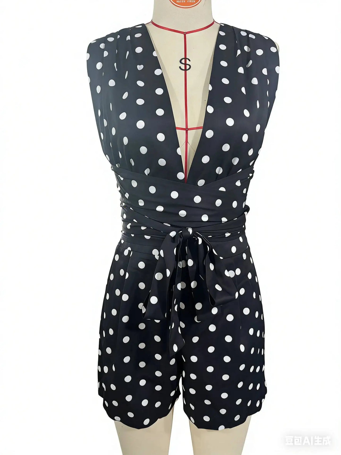 Women Halter Sleeveless Deep V Belted Polka Dot Fitted Romper Boho Spring Summer Vacation Beach Lightweight Breathable Romper
