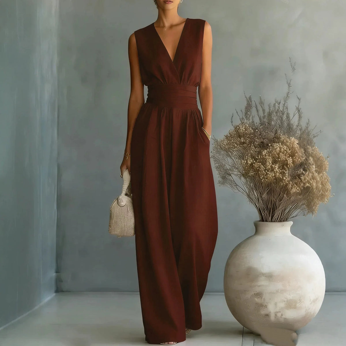 2026  V Neck Women's Jumpsuits Elegant Solid High Waist Rompers Casual Wide Leg Pants Pocket Overalls Vacation Outfit Loose