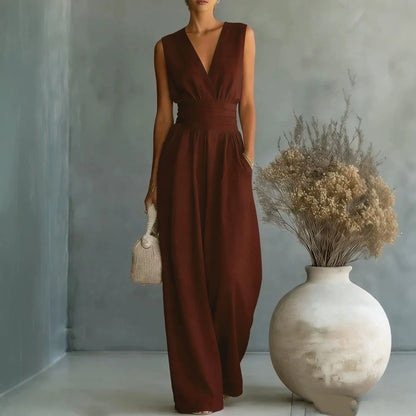2026  V Neck Women's Jumpsuits Elegant Solid High Waist Rompers Casual Wide Leg Pants Pocket Overalls Vacation Outfit Loose