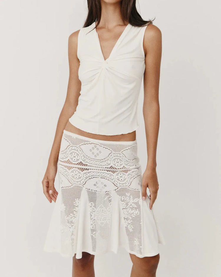 Wj Twisted V-Neck Sleeveless Top with Hollow-Out Crochet Fishtail Skirt Two-Piece Set, Hollow-Out Jacquard Flared Fishtail Skirt, Slim-Fit Waist-Cinching Tank Top, Slim-Fit Sleeveless Crochet See-Through Fishtail Skirt