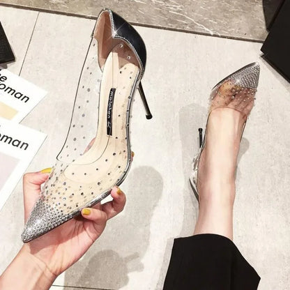 New Luxury Fairy Style Transparent High Heels Thin Heels Pointed Water Diamond Single Shoes Women's Crystal Wedding Shoes