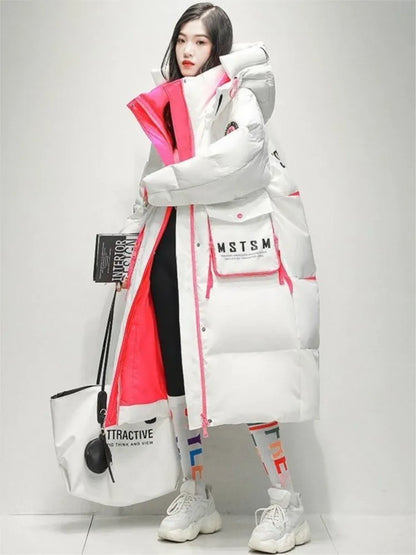 2025 Winter Glossy Waterproof X-long 90% White Duck Down Coat Women Thick Loose Outerwear Warm Down Jacket Hooded Parkas Coats