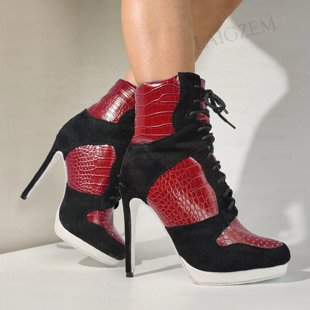 LAIGZEM Women Ankle Boots Round Toe Thin High Heels Lace Up Short Boots Patchwork Ladies Shoes Woman Big Size 38 41 43 45 52