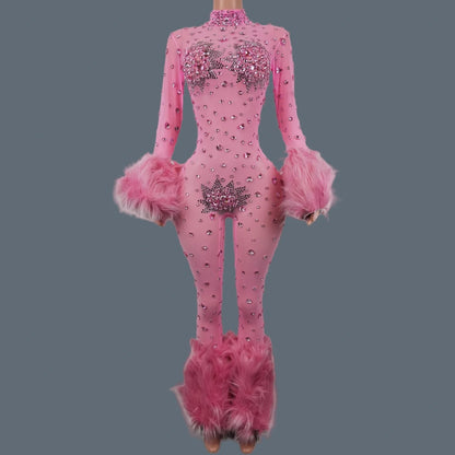 Shiny Crystals Pink Mesh Jumpsuit Sexy Feather Designe Birthday Jumpsuit Club Singer Event Performance Costume Stage Wear Guibin