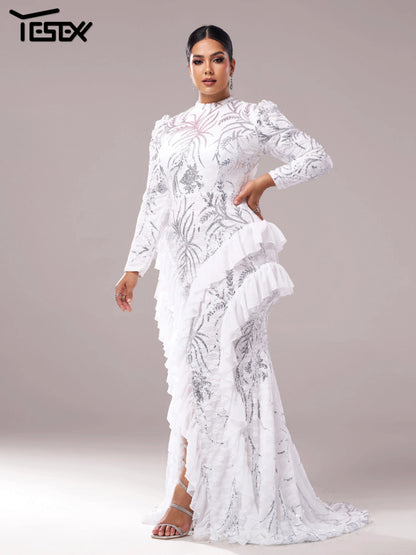 Yesexy Plus Size Elegant Beautiful Women Round Neck Long Sleeved Split Evening Gown Wedding Birthday Party Formal Occasion Dress