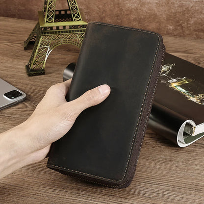 Men's Clutches Long Handbag Business Vintage Cow Leather Man Long Wallet For Men And Woman Oil Wax Zipper Bag Purse