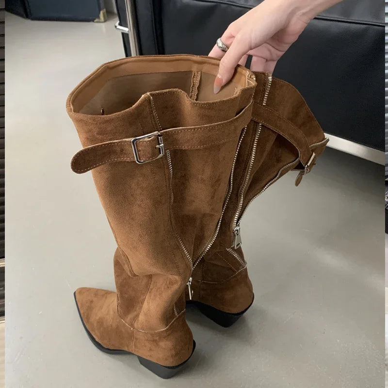 Eilyken Designer Belt Buckle Pointed Toe Women Knee-High Boots Fashion Winter Zipper Square Low Heels Female Shoes
