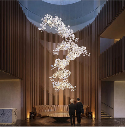 Ginkgo Leaves Loft Hanging Chandelier Light For High Ceiling Staircase Living Dining Room Modern White Porcelain Leaf Chandelier