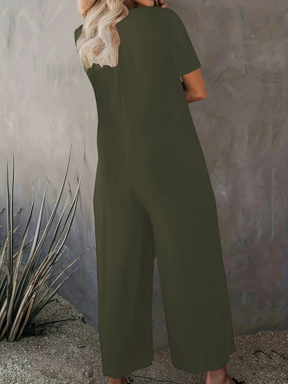 Plus Size 0XL-5XL Summer Rompers Overalls Women's Solid Color Jumpsuit with Pockets Casual Fashion Short Sleeve Jumpsuits