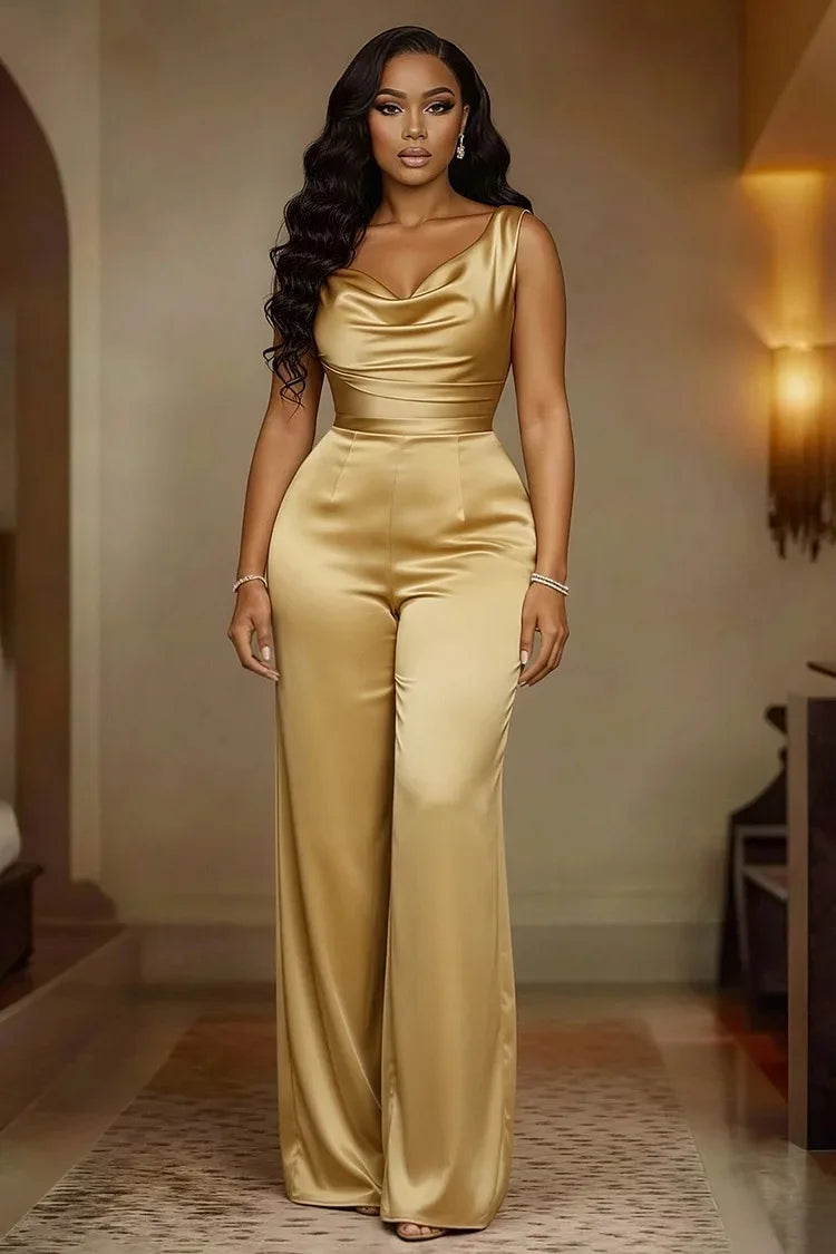 2026 New Solid Color Satin Jumpsuit Women Cowl Neck High Waist Wide Leg Formal Party Overalls