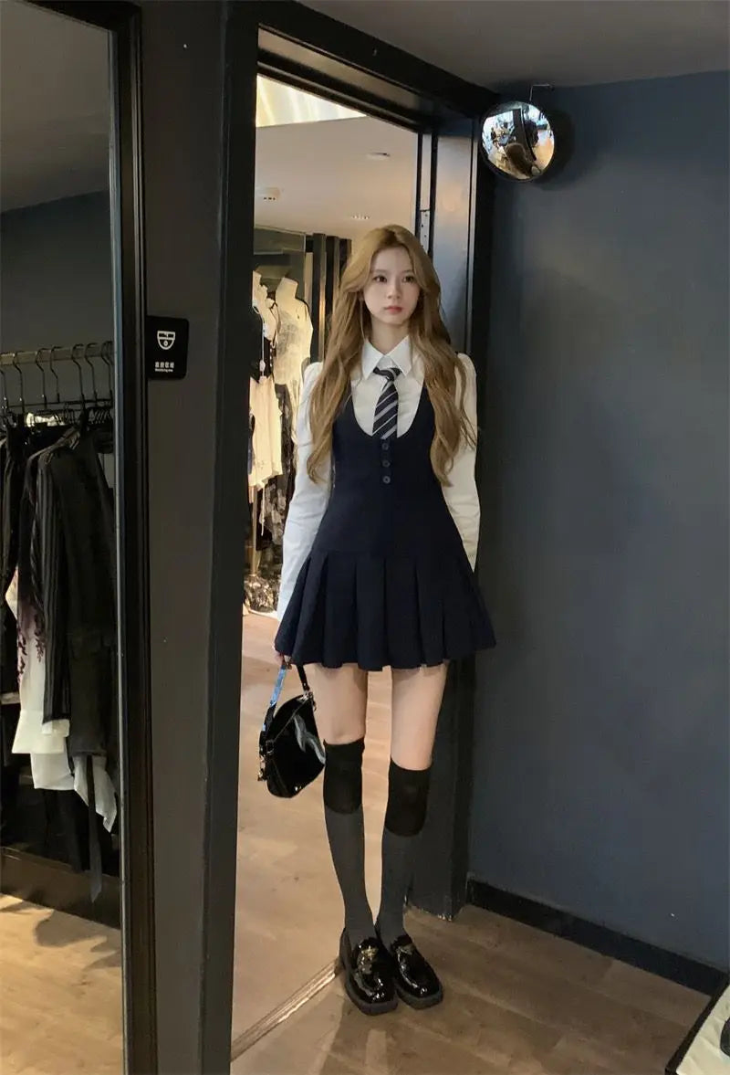 Japan And Korea College Style Jk Set Women's Long Sleeve Shirt Pleated Skirt Strap Dress Set Two Piece Set School Jk Uniform