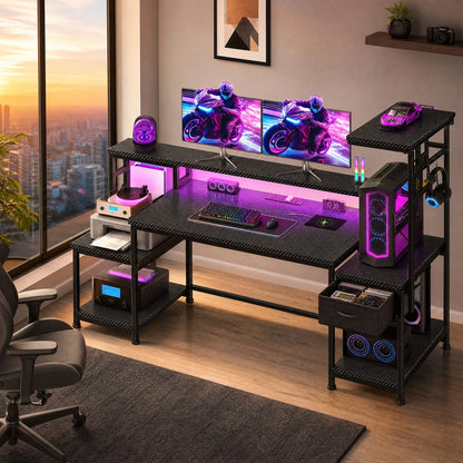 Computer Desk With Drawer, Office Desk With Printer Storage Shelves & File Cabinet, Gaming Desk With LED & Power Outlet, Study Table With Monitor Shelf For Home Office Dorm BedRoom Rustic Brown